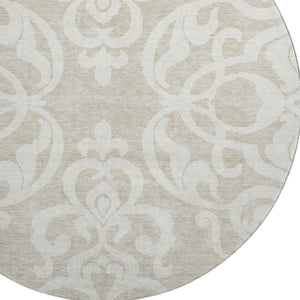 HomeRoots 8' Elegant Beige and Ivory Damask Washable Round Rug - UV Protected, Stain-Resistant, Ideal for Families 676893