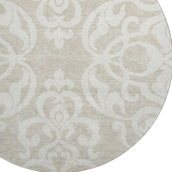 HomeRoots 8' Elegant Beige and Ivory Damask Washable Round Rug - UV Protected, Stain-Resistant, Ideal for Families 676893