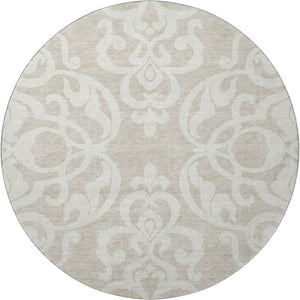 HomeRoots 8' Elegant Beige and Ivory Damask Washable Round Rug - UV Protected, Stain-Resistant, Ideal for Families 676893
