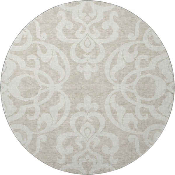 HomeRoots 8' Elegant Beige and Ivory Damask Washable Round Rug - UV Protected, Stain-Resistant, Ideal for Families 676893