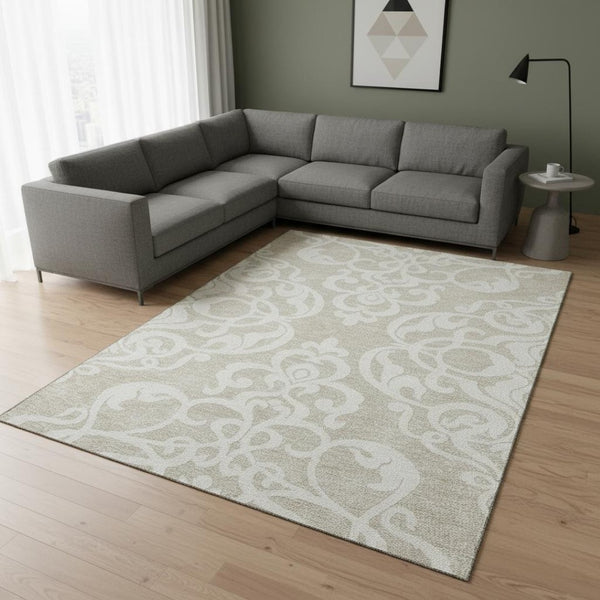 HomeRoots 8' X 10' Beige and Ivory Damask Area Rug - Washable, UV Protected, Durable, Perfect for Homes with Kids! 676894