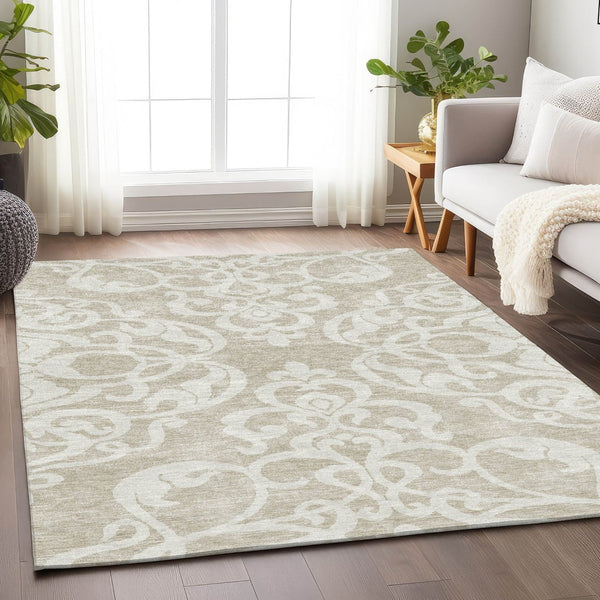 HomeRoots 8' X 10' Beige and Ivory Damask Area Rug - Washable, UV Protected, Durable, Perfect for Homes with Kids! 676894