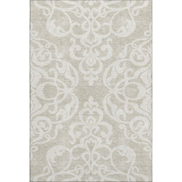 HomeRoots 8' X 10' Beige and Ivory Damask Area Rug - Washable, UV Protected, Durable, Perfect for Homes with Kids! 676894