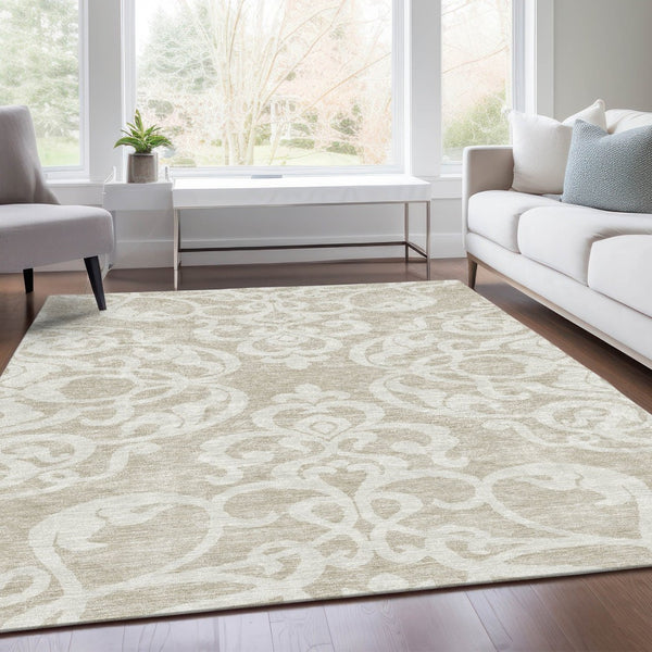 HomeRoots 8' X 10' Beige and Ivory Damask Area Rug - Washable, UV Protected, Durable, Perfect for Homes with Kids! 676894
