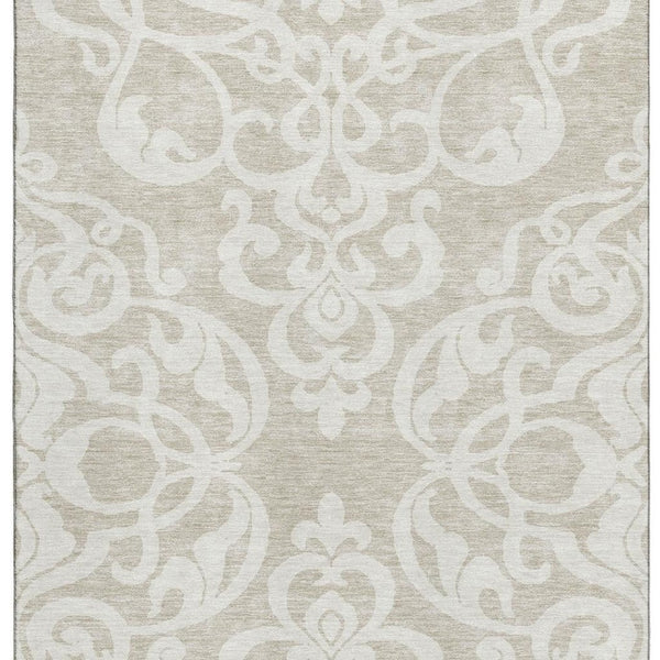 HomeRoots 8' X 10' Beige and Ivory Damask Area Rug - Washable, UV Protected, Durable, Perfect for Homes with Kids! 676894