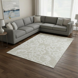 HomeRoots 9' X 12' Beige and Ivory Damask Area Rug - Washable, UV-Protected, Durable Design for Any Home Space 676895