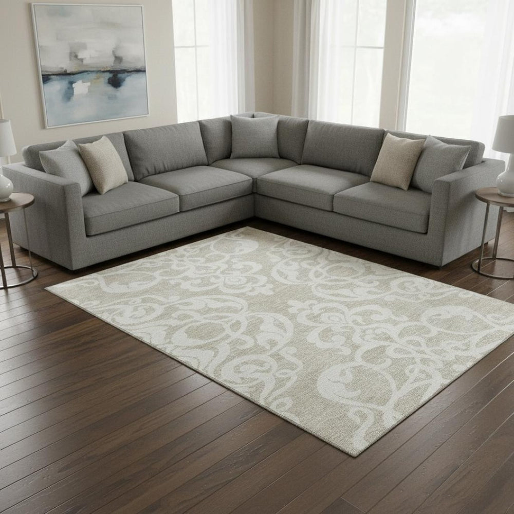 HomeRoots 10' Beige & Ivory Damask Area Rug - Washable, UV-Protected, Kid & Pet-Friendly for Stylish Living Spaces 676896
