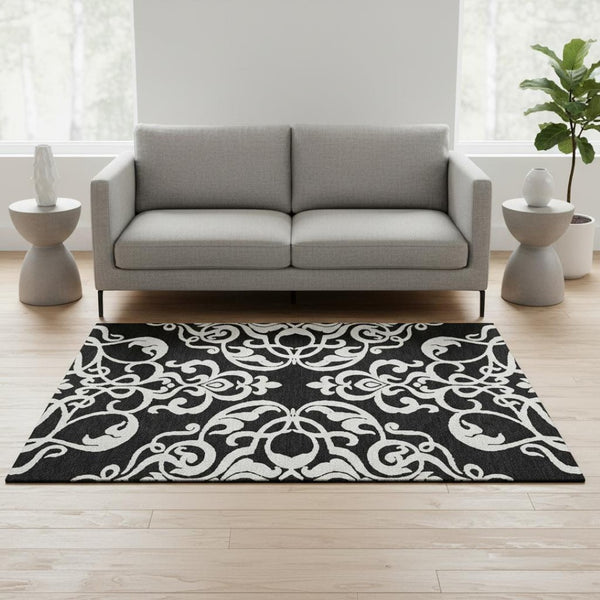 HomeRoots 5' X 8' Black and Ivory Damask Area Rug - Washable, UV Protected, Stylish & Durable for Homes 676898