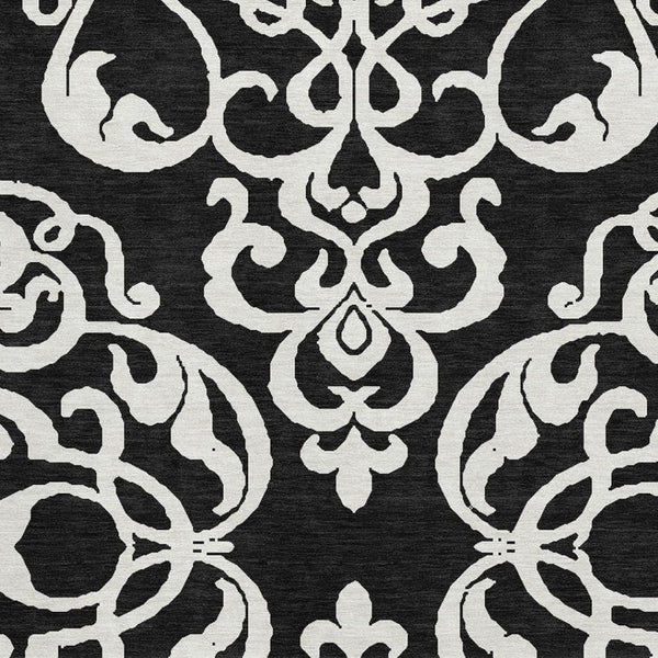 HomeRoots 5' X 8' Black and Ivory Damask Area Rug - Washable, UV Protected, Stylish & Durable for Homes 676898