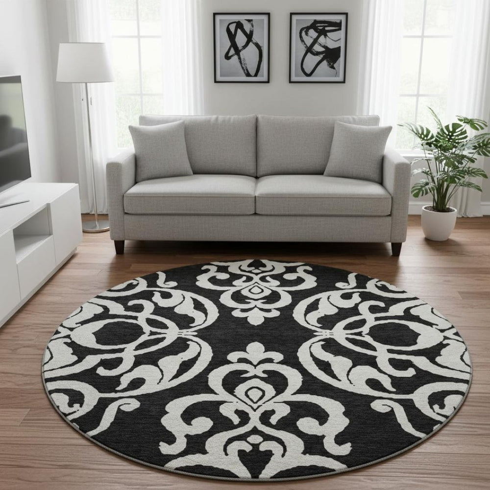 HomeRoots 8' Black and Ivory Damask Round Rug - Washable, Stain Resistant, UV Protected for Elegant Spaces 676899