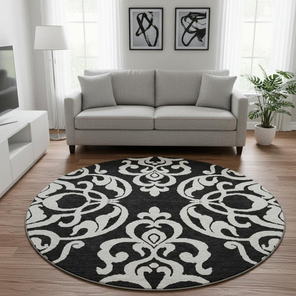 HomeRoots 8' Black and Ivory Damask Round Rug - Washable, Stain Resistant, UV Protected for Elegant Spaces 676899