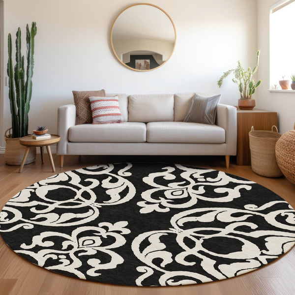 HomeRoots 8' Black and Ivory Damask Round Rug - Washable, Stain Resistant, UV Protected for Elegant Spaces 676899