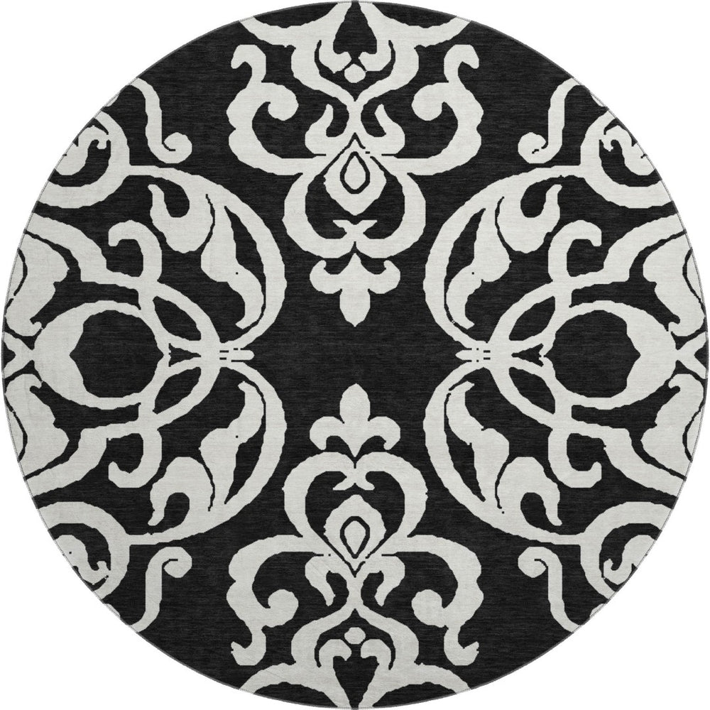 HomeRoots 8' Black and Ivory Damask Round Rug - Washable, Stain Resistant, UV Protected for Elegant Spaces 676899