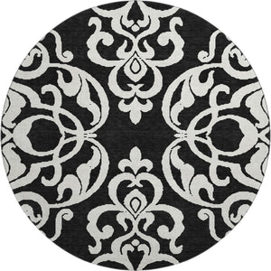 HomeRoots 8' Black and Ivory Damask Round Rug - Washable, Stain Resistant, UV Protected for Elegant Spaces 676899