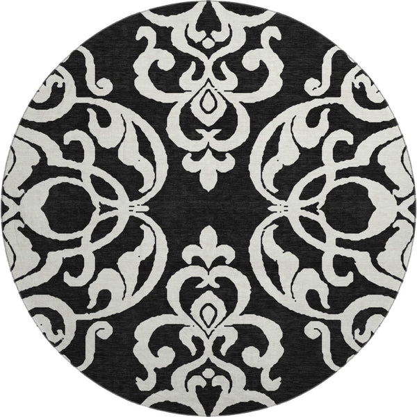 HomeRoots 8' Black and Ivory Damask Round Rug - Washable, Stain Resistant, UV Protected for Elegant Spaces 676899