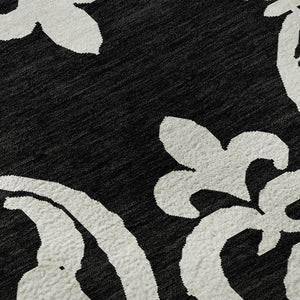 HomeRoots 8' Black and Ivory Damask Round Rug - Washable, Stain Resistant, UV Protected for Elegant Spaces 676899
