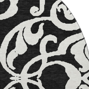HomeRoots 8' Black and Ivory Damask Round Rug - Washable, Stain Resistant, UV Protected for Elegant Spaces 676899