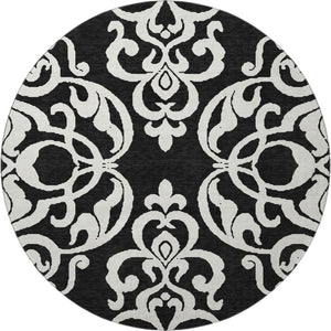 HomeRoots 8' Black and Ivory Damask Round Rug - Washable, Stain Resistant, UV Protected for Elegant Spaces 676899