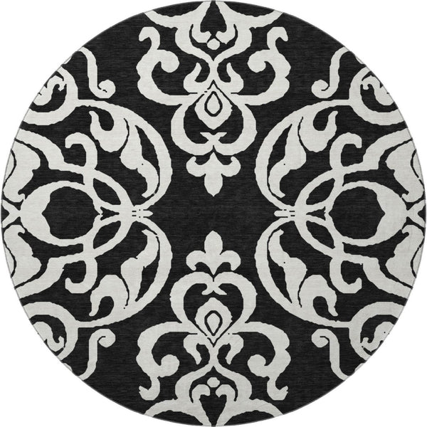 HomeRoots 8' Black and Ivory Damask Round Rug - Washable, Stain Resistant, UV Protected for Elegant Spaces 676899