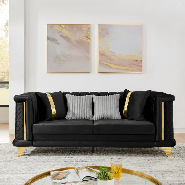 English Elm 89 Inch Italian Velvet Tufted Sofa Gold Steel Trim Victorian Glam Living Room Couch W1191S00051