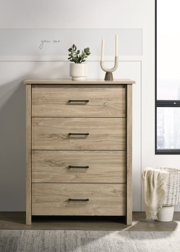 English Elm Seraphiel Four Drawer Storage Chest Oak Finish Matte Black Hardware Bedroom Organizer Light Oak B2749P413334