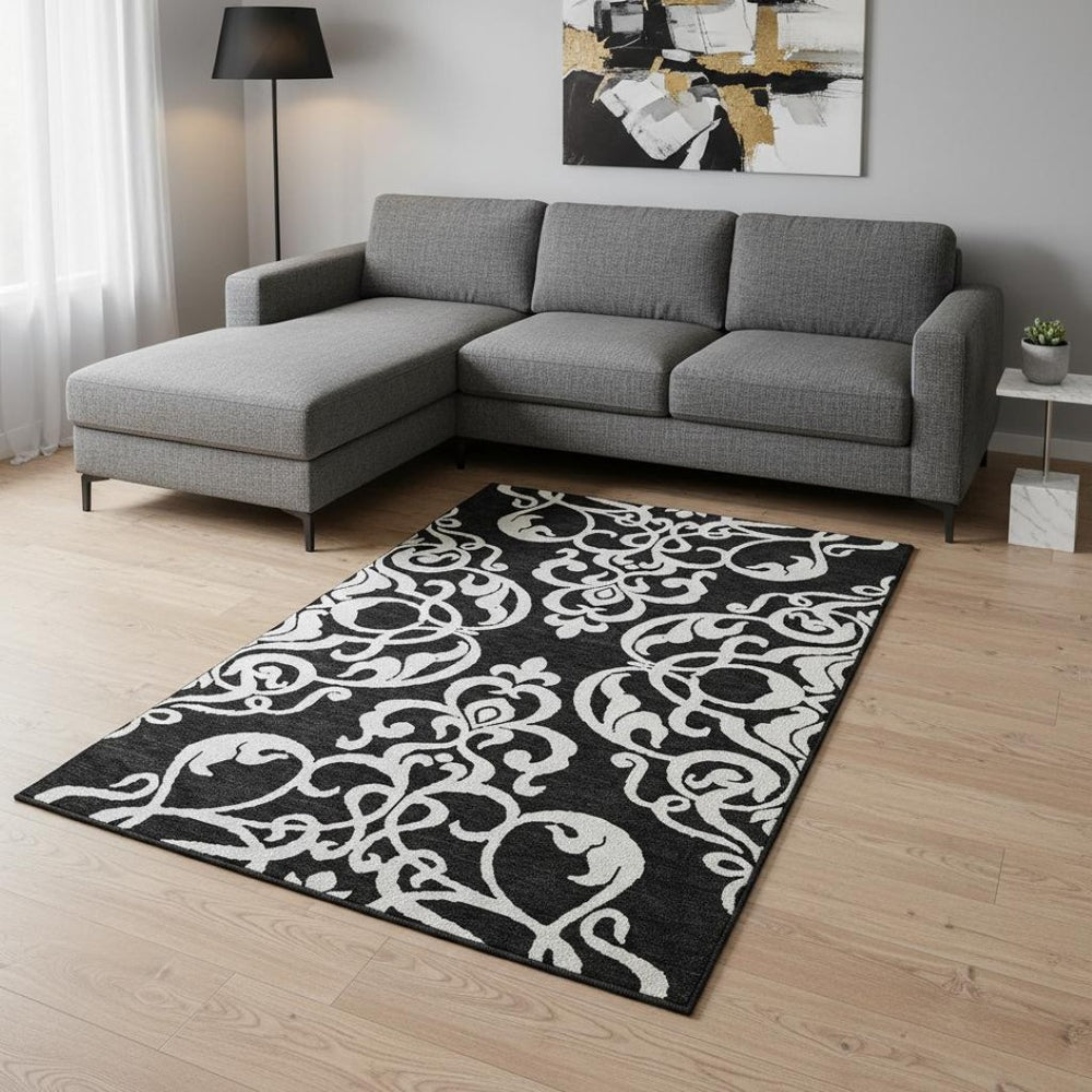 HomeRoots 8' X 10' Black And Ivory Damask Area Rug – Stylish, Washable, UV-Protected for Family-Friendly Living 676900