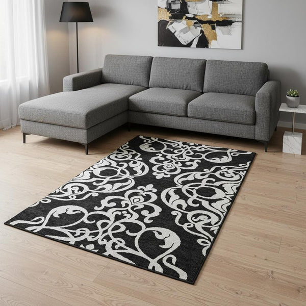 HomeRoots 8' X 10' Black And Ivory Damask Area Rug – Stylish, Washable, UV-Protected for Family-Friendly Living 676900