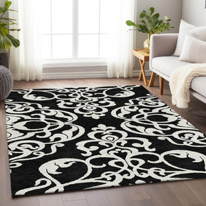 HomeRoots 8' X 10' Black And Ivory Damask Area Rug – Stylish, Washable, UV-Protected for Family-Friendly Living 676900