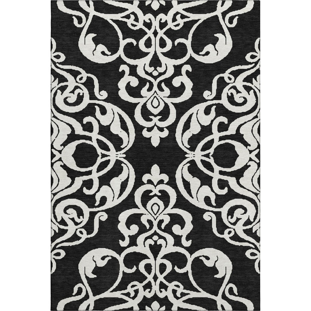HomeRoots 8' X 10' Black And Ivory Damask Area Rug – Stylish, Washable, UV-Protected for Family-Friendly Living 676900