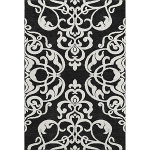 HomeRoots 8' X 10' Black And Ivory Damask Area Rug – Stylish, Washable, UV-Protected for Family-Friendly Living 676900