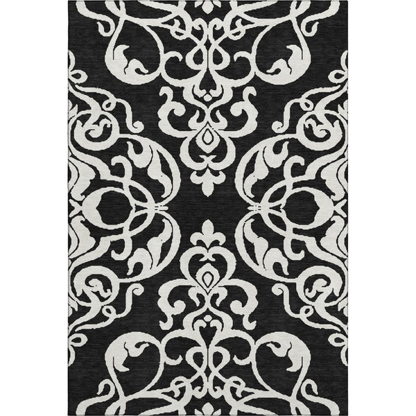 HomeRoots 8' X 10' Black And Ivory Damask Area Rug – Stylish, Washable, UV-Protected for Family-Friendly Living 676900