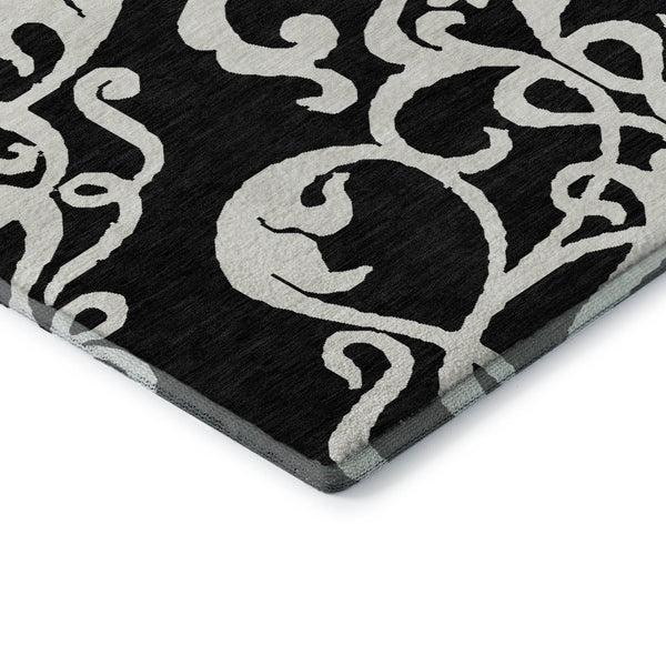 HomeRoots 8' X 10' Black And Ivory Damask Area Rug – Stylish, Washable, UV-Protected for Family-Friendly Living 676900