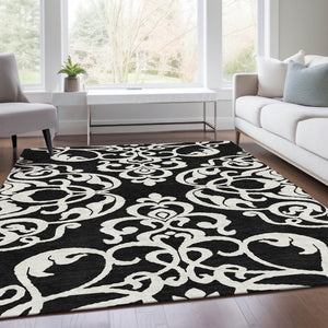 HomeRoots 8' X 10' Black And Ivory Damask Area Rug – Stylish, Washable, UV-Protected for Family-Friendly Living 676900