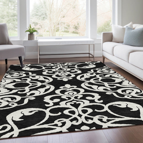 HomeRoots 8' X 10' Black And Ivory Damask Area Rug – Stylish, Washable, UV-Protected for Family-Friendly Living 676900