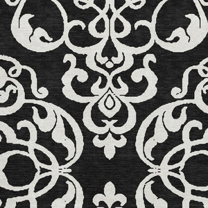 HomeRoots 8' X 10' Black And Ivory Damask Area Rug – Stylish, Washable, UV-Protected for Family-Friendly Living 676900