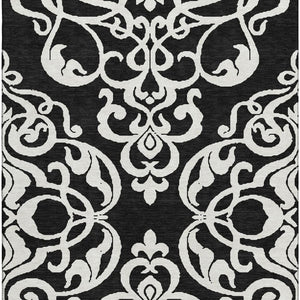 HomeRoots 8' X 10' Black And Ivory Damask Area Rug – Stylish, Washable, UV-Protected for Family-Friendly Living 676900