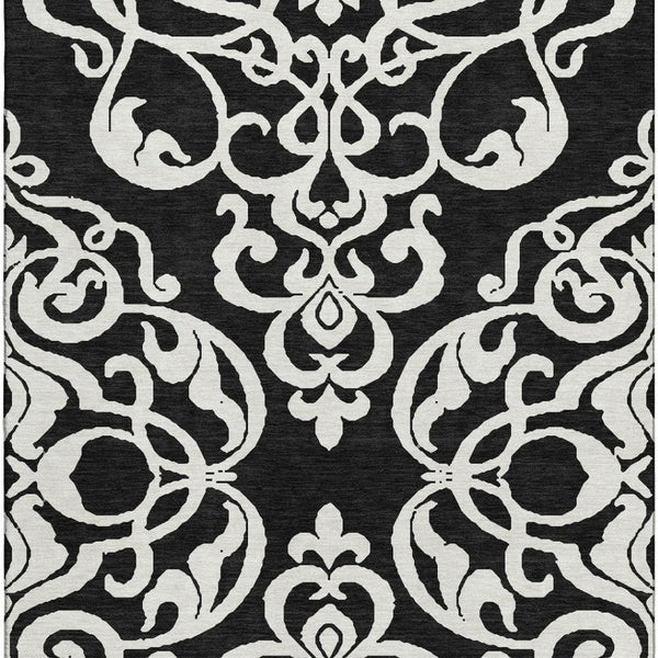 HomeRoots 8' X 10' Black And Ivory Damask Area Rug – Stylish, Washable, UV-Protected for Family-Friendly Living 676900