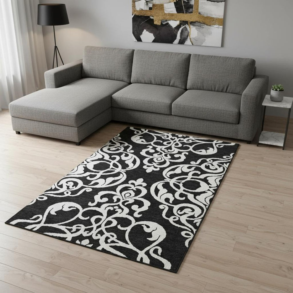 HomeRoots 9' X 12' Black And Ivory Damask Area Rug - Washable, UV Protected, Stain-Resistant for Busy Homes 676901