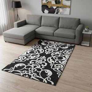 HomeRoots 9' X 12' Black And Ivory Damask Area Rug - Washable, UV Protected, Stain-Resistant for Busy Homes 676901