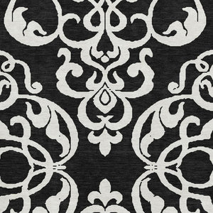 HomeRoots 9' X 12' Black And Ivory Damask Area Rug - Washable, UV Protected, Stain-Resistant for Busy Homes 676901