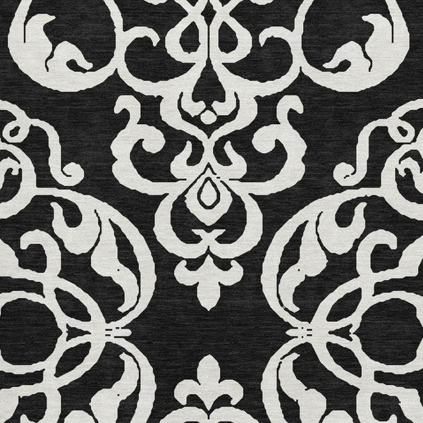 HomeRoots 9' X 12' Black And Ivory Damask Area Rug - Washable, UV Protected, Stain-Resistant for Busy Homes 676901