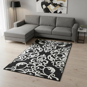 HomeRoots 10' X 14' Elegant Black And Ivory Damask Area Rug - Washable, Stain Resistant, UV Protected Luxury 676902