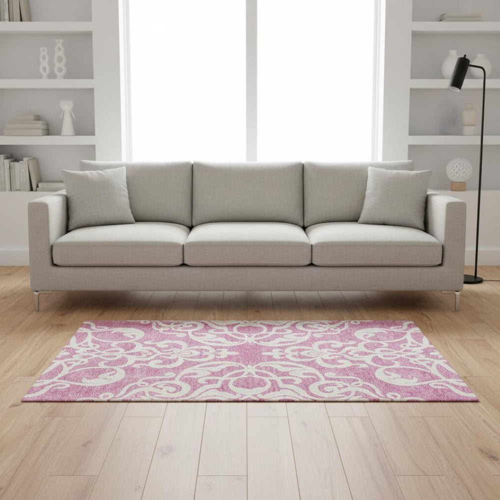 HomeRoots 5' X 8' Elegant Blush and Ivory Damask Area Rug - Washable, UV Protected, Stain Resistant, Soft Comfort 676904