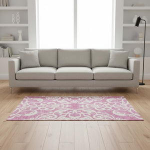 HomeRoots 5' X 8' Elegant Blush and Ivory Damask Area Rug - Washable, UV Protected, Stain Resistant, Soft Comfort 676904