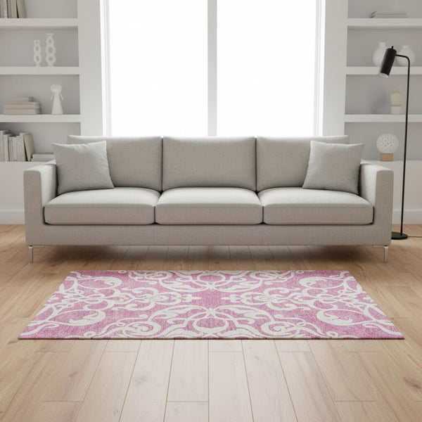 HomeRoots 5' X 8' Elegant Blush and Ivory Damask Area Rug - Washable, UV Protected, Stain Resistant, Soft Comfort 676904