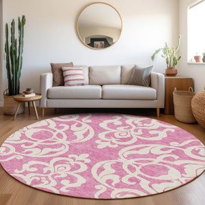 HomeRoots 8' Blush and Ivory Damask Round Rug - Washable, UV Protected, Stain Resistant for High-Traffic Areas 676905