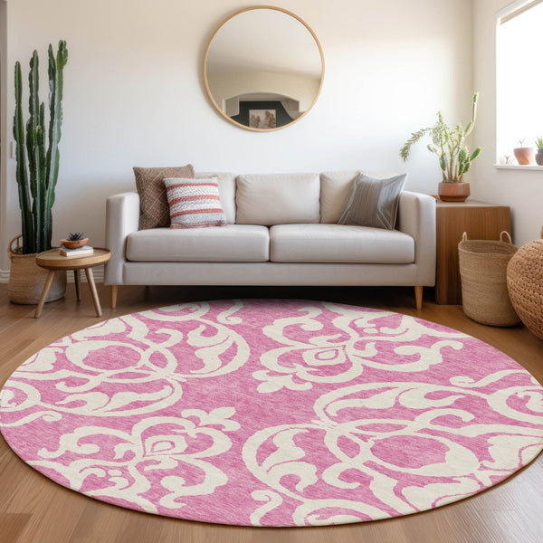 HomeRoots 8' Blush and Ivory Damask Round Rug - Washable, UV Protected, Stain Resistant for High-Traffic Areas 676905