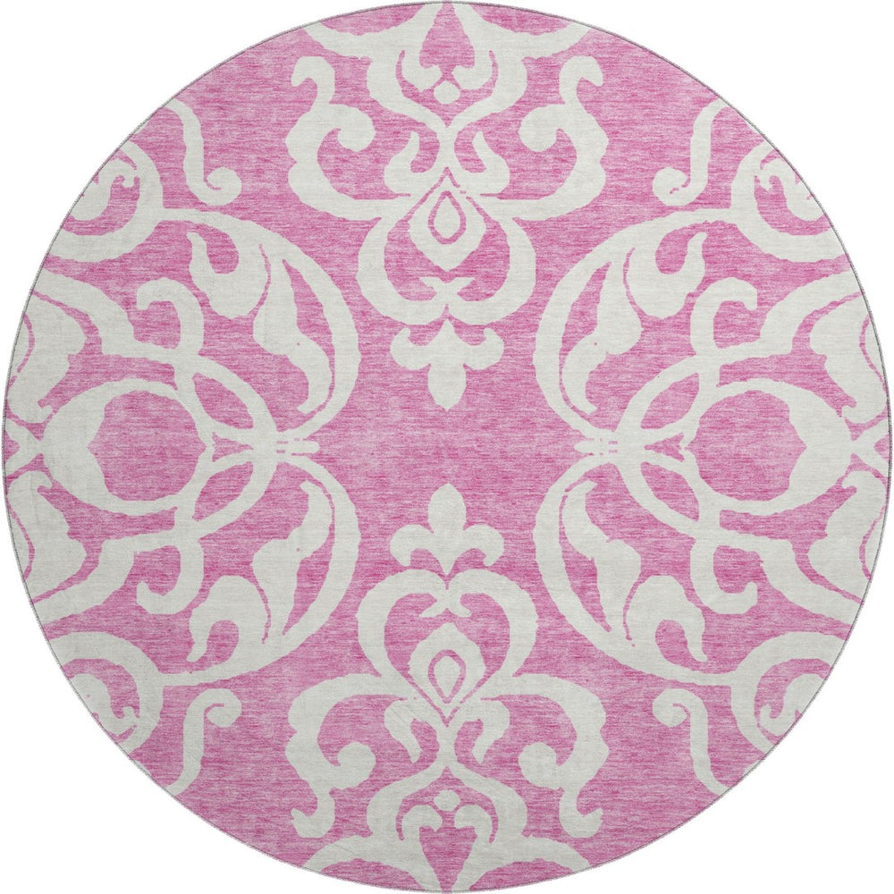 HomeRoots 8' Blush and Ivory Damask Round Rug - Washable, UV Protected, Stain Resistant for High-Traffic Areas 676905