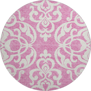 HomeRoots 8' Blush and Ivory Damask Round Rug - Washable, UV Protected, Stain Resistant for High-Traffic Areas 676905