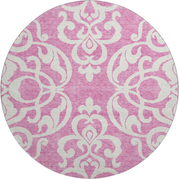 HomeRoots 8' Blush and Ivory Damask Round Rug - Washable, UV Protected, Stain Resistant for High-Traffic Areas 676905